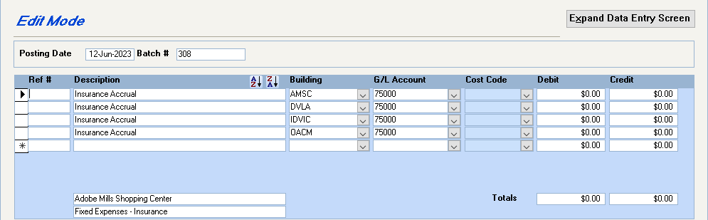 Setup / Edit Journal Entry Template